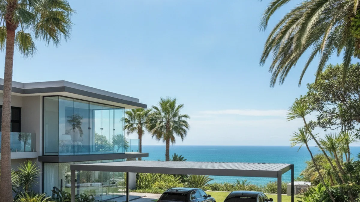 Modern powder-coated aluminium carport with slim rust-proof posts at an upmarket sea-facing Umhlanga home