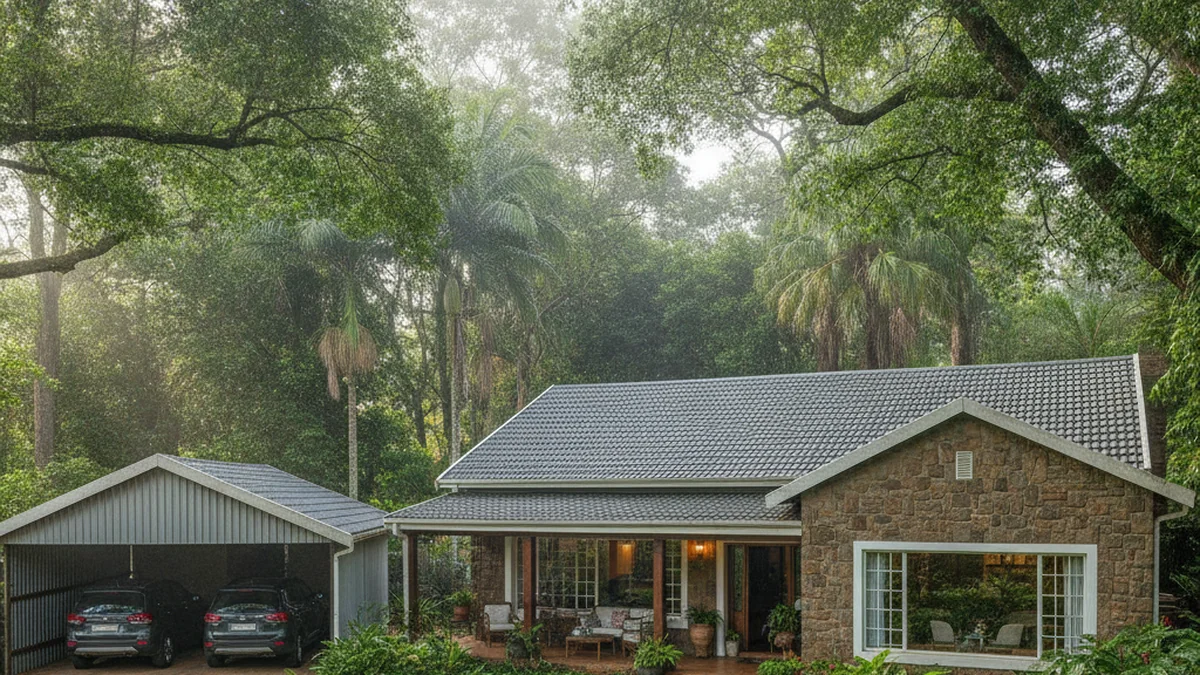 Galvanised steel double carport at a family home in the leafy humid Upper Highway belt near Westville