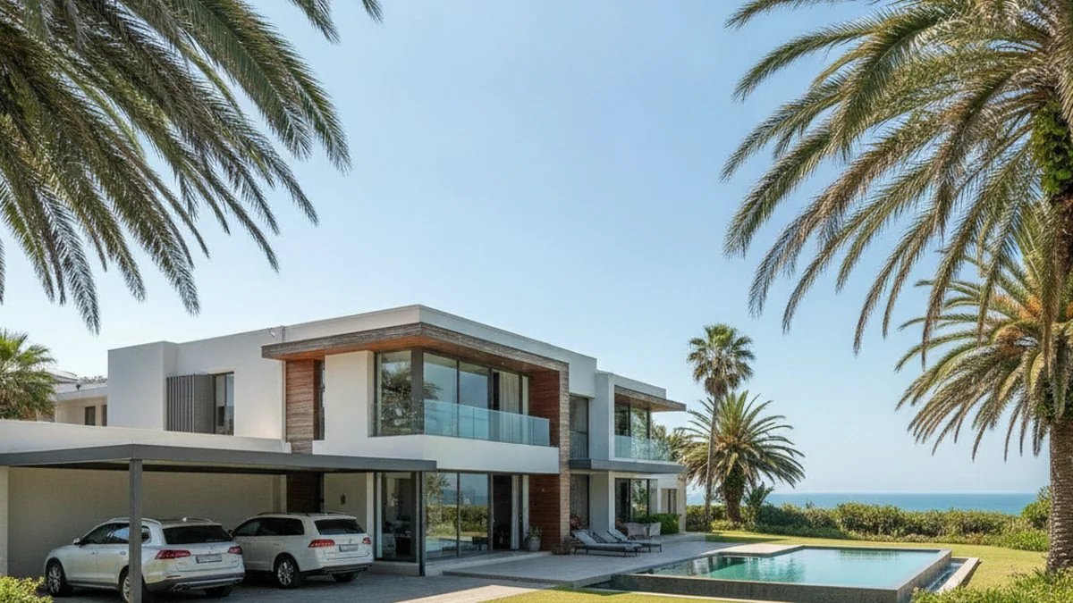 Double aluminium carport at an upmarket sea-facing home in Umhlanga on the Durban north coast with palms