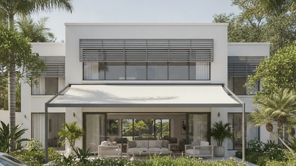 Aluminium window and patio awnings shading a modern coastal Durban house with palms