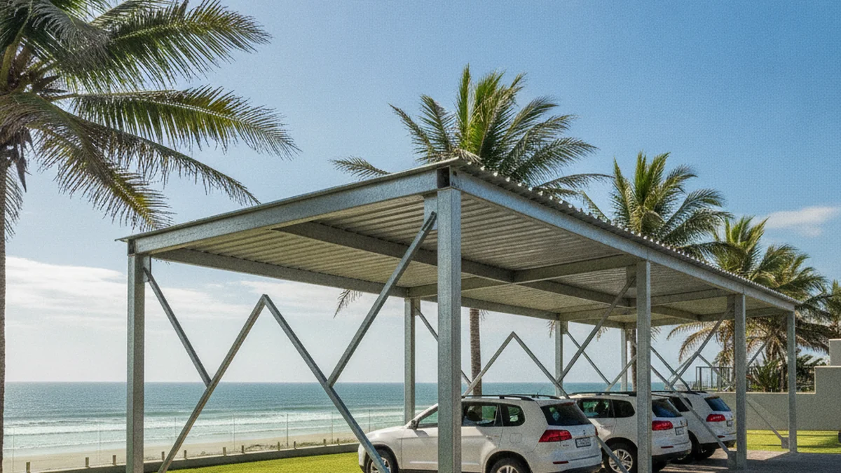 Galvanised and aluminium carport at a sea-facing Durban coastal home with palms and the ocean behind