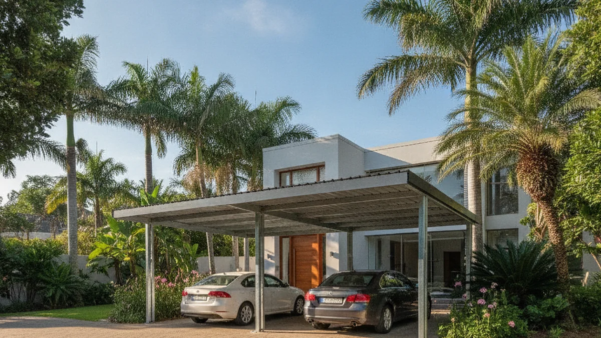 Galvanised steel double carport with a charcoal IBR roof sheltering two cars at a subtropical Durban coastal home with palm trees