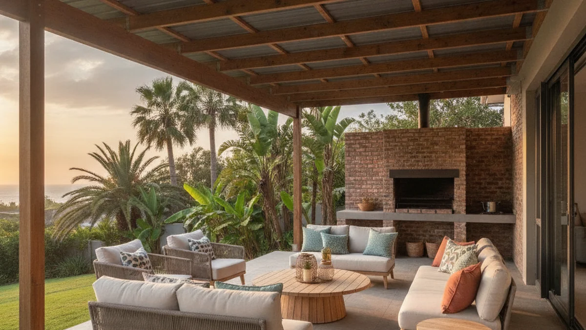 Covered patio with an IBR roof, outdoor furniture and a built-in braai at a subtropical Durban home