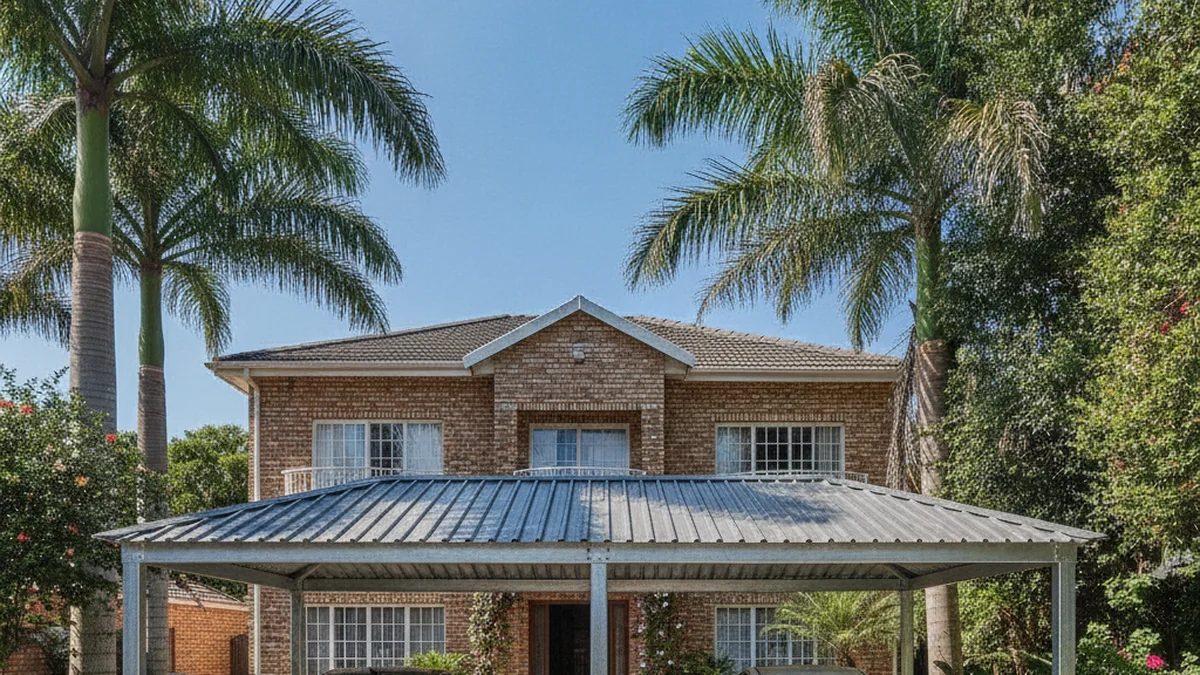 Freestanding hot-dip galvanised steel double carport with an IBR roof in front of a face-brick Durban home with palms
