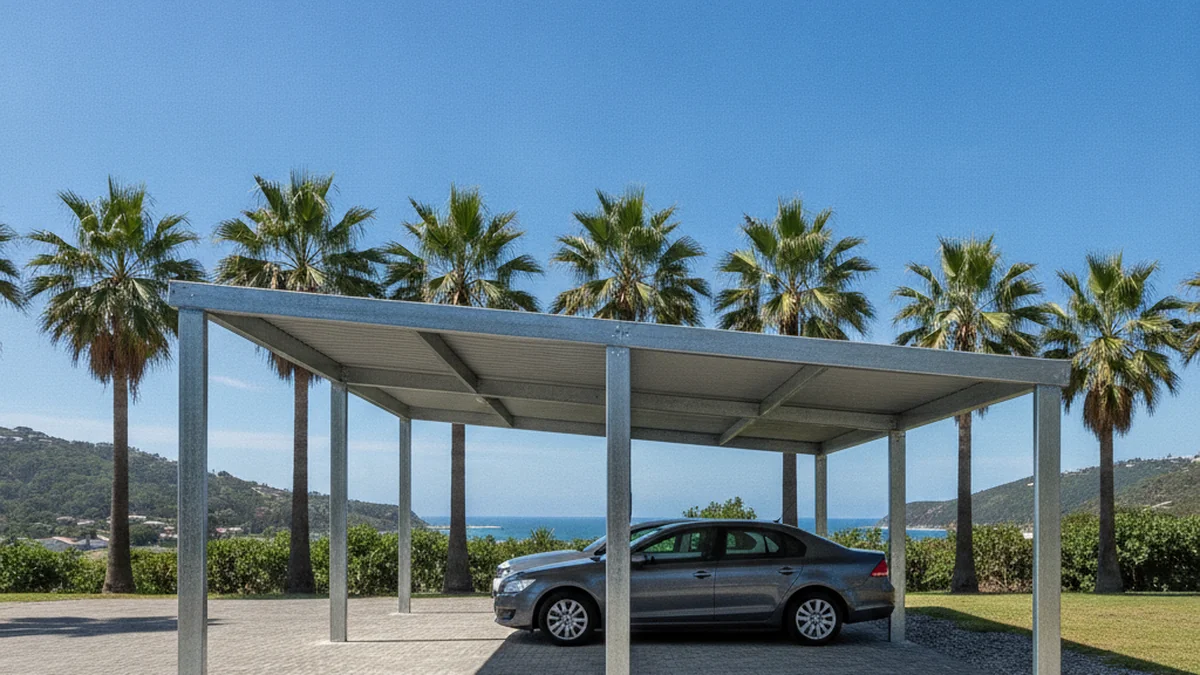 Side view of a double galvanised steel carport showing full depth and height with two cars parked