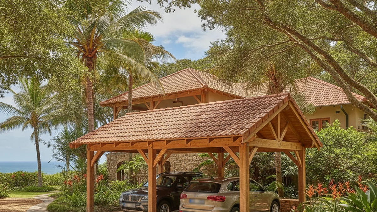 Timber carport with laminated wood posts and a tiled roof matching a coastal-bush Durban home